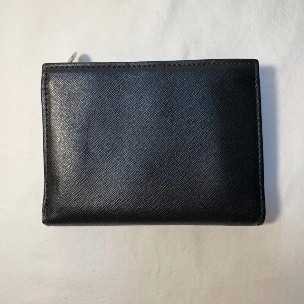 Furla Black Textured Leather Tri Fold Wallet Coin Pocket Card Slots Snap Closure